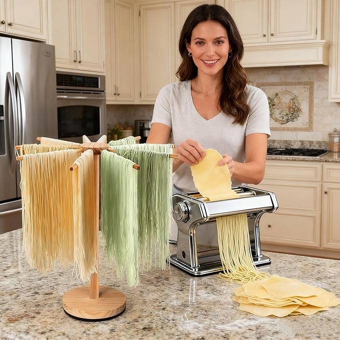 Pasta Drying Rack,Wooden Pasta Dryer Rotatable Collapsible Drying Rack with 9 Rods Quickly Assemble, Fresh Pasta Noodle Spaghetti Dryer Hanger Stand, Easy to Assemble and Store