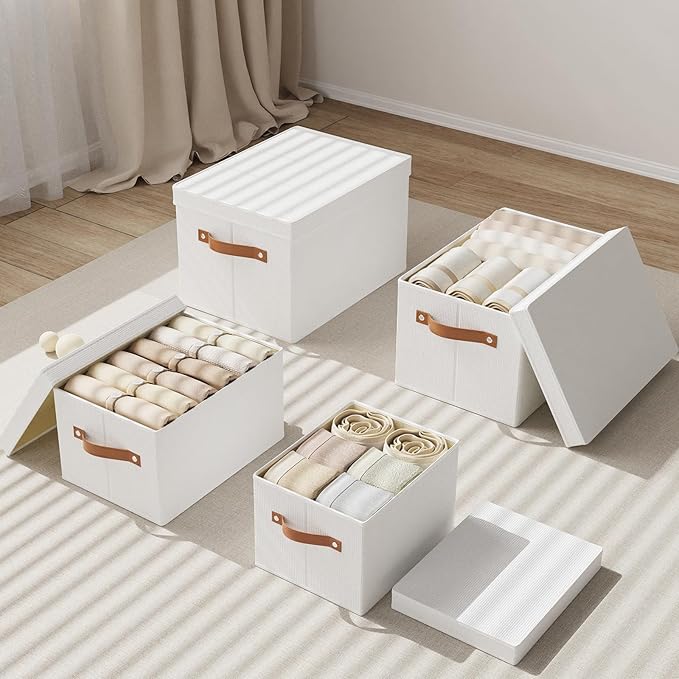 Storage Boxes with Lids, 7.1 x 9.1 x 13 Inch Storage Baskets, Closet Organizers for Shelves Organizing with Handles, White, 5-Pack