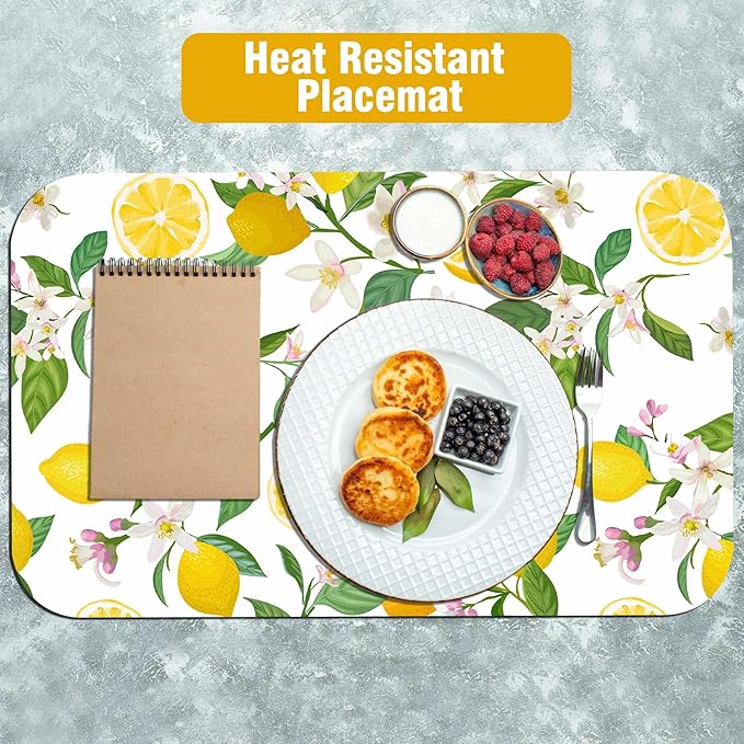 Lemon Floral Coffee Drying Mat 12" x 19", Non-Slip Absorbent Quick-Dry Mat, Coffee Station Accessory for Countertop Protection Decor