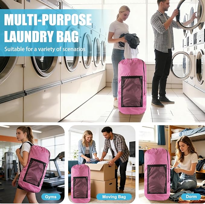 Laundry Bag Backpack,Olosar 2PCS Extra Large Travel Laundry Bag with Mesh Pocket & Adjustable Shoulder Straps,Dirty Clothes Travel Bag for College Students Dorm,Apartment(Pink)