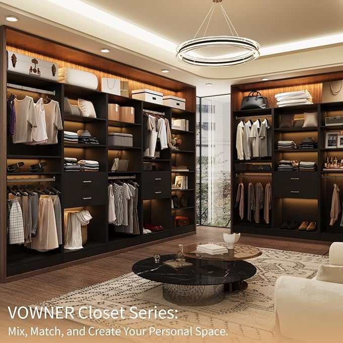 VOWNER 50'' Freestanding Closet System with Shelves, Wood Closet Organizer System with Hanging Rods, Walk-in Closet Tower, Clothes Garment Rack, Wardrobe Closet for Bedroom Entryway