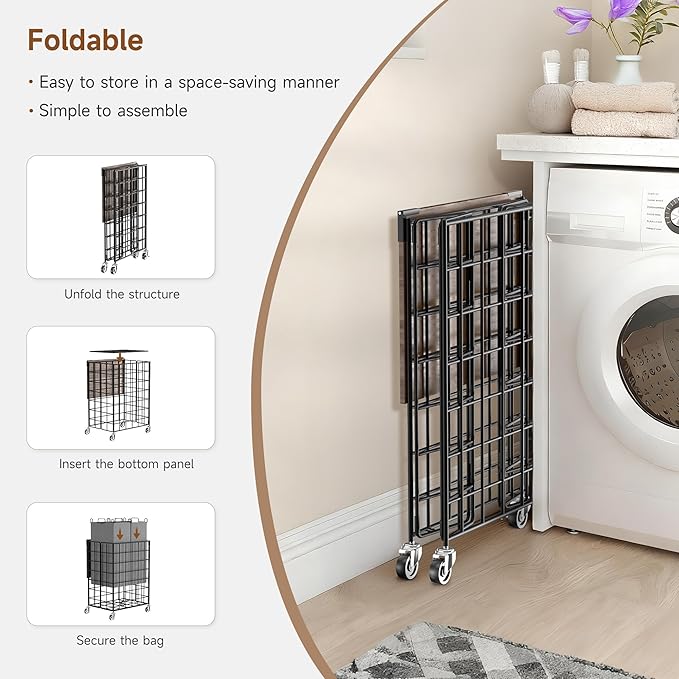 Laundry Basket with Wheels, Heavy Duty Laundry Sorter 2 Sections, Large Capacity 120L (32Gal.) Laundry Hamper with Wood Lid, 360 Rolling Wheels, Extra Side Pocket, Leather Pull Handle, Grey