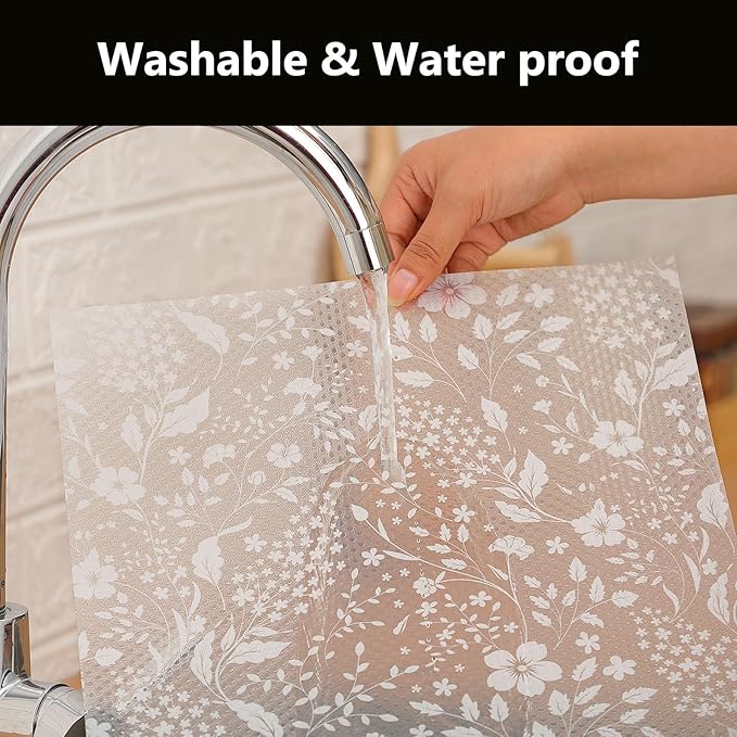 INNOLITES Shelf Liner for Kitchen Cabinets, Non-Adhesive Drawer Liner, Waterproof Washable EVA Floral Pattern, Protect Dresser Cupboard Refrigerator Shelves (Ivory Herb, 17.5" x 197")