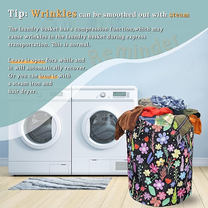Colorful Flowers Laundry Basket Foldable With Handles Floral Tote Bag Oxford Cloth Universal Laundry Hamper Clothes Storage Bucket Toy Organizer 18.9" x 16.5" For Bathroom/Laundry/Bedroom