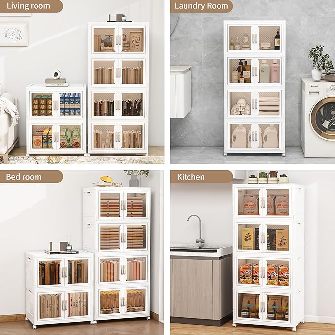 UAMFURI Stackable Storage Bins with Doors & Lids & Wheels, Foldable Collapsible Closet Organizers, Large Storage Cabinet for Bedroom Dorm (4, L)