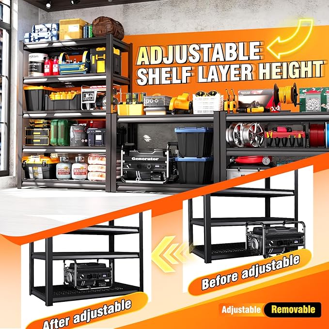 59 ''W Storage Shelves, 71‘’H Garage Shelving, Adjustable Garage Shelves, 3000lbs Heavy Duty Shelving ,5 Tier Garage Storage Shelves,Easy-To-Install Metal Shelf Storage Rack Shelving Unit 2 Pack