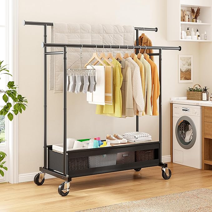 Clothes Rack, Double Rods Clothing Rack, Clothing Racks for Hanging Clothes, Rolling Clothes Rack with Storage Basket & Heavy Duty Wheels, Garment Rack for Bedroom, Laundry Room, Black