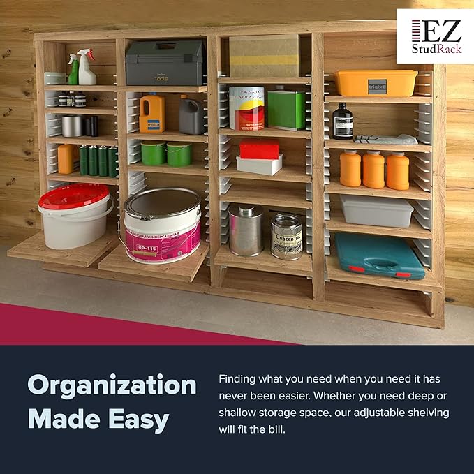Made in USA EZStudRack Adjustable Shelf Brackets, 8-Pack (4 Pairs) – Easy-to-Adjust One-Row Storage for Custom-Fit Shelves – Your Items, Your Wood, You Supply It
