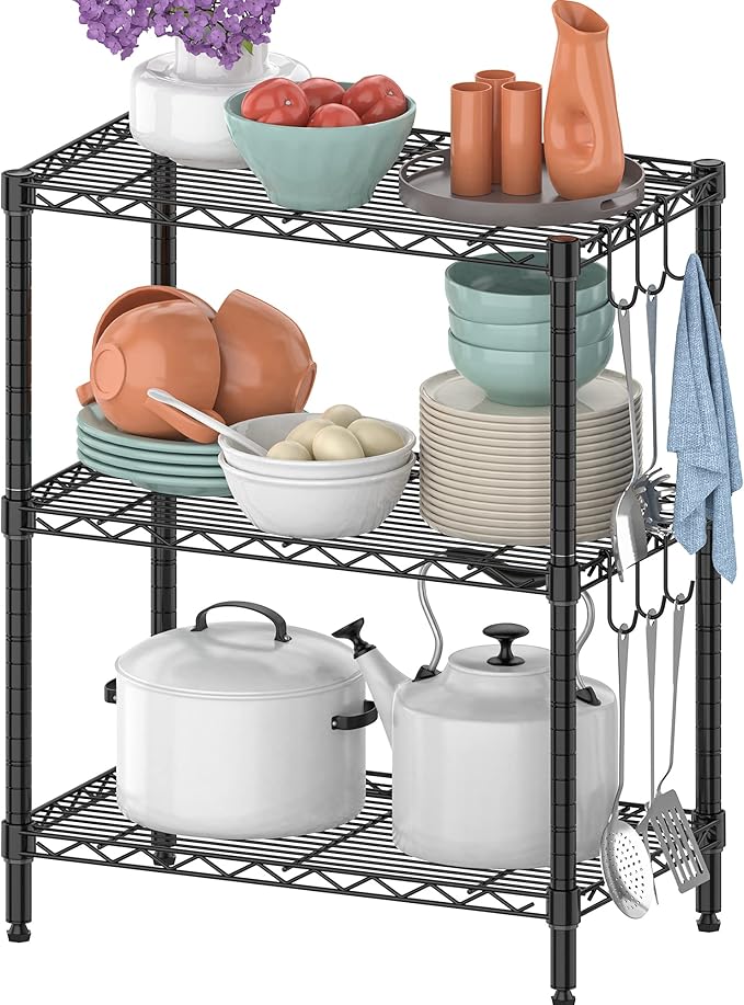 Storage Shelves Garage Wire Shelving 3 Tier Metal Wire Steel Rack Shelving Units Organizer Adjustable Utility Shelf Commercial Shelf for Kitchen Garage Pantry Laundry
