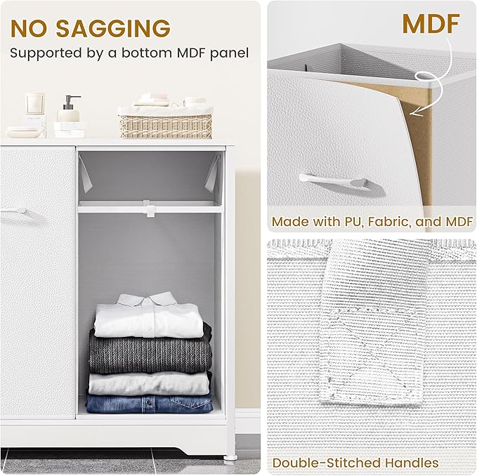 Pull-Out Laundry Sorter Cabinet With Removable Bags, Laundry Basket, 140L (2x70L) Laundry Hamper 2 Section For Organized Bedroom, Laundry Room, White