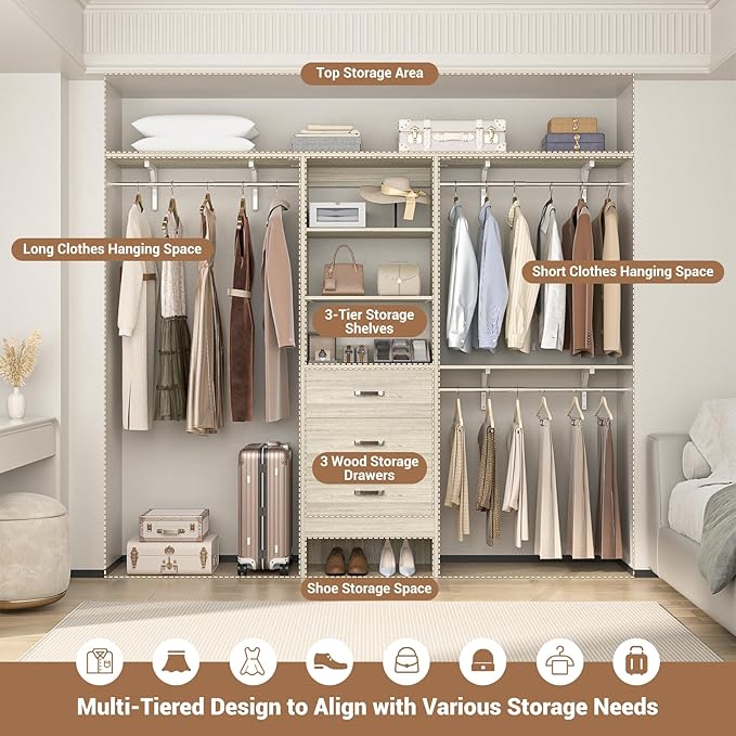 Besiost Closet System with Drawer - 8FT Wood Closet Organizer System with 3 Hanging Rods and Shelving Tower, 96" Walk In Closet Organizer Wardrobe, Heavy Duty Garment Rack Clothes Rack, White Oak