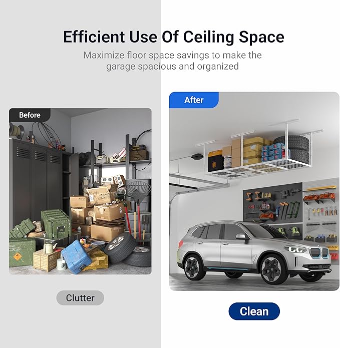 FLEXIMOUNTS 3x8 Overhead Garage Ceiling Storage Rack, Adjustable Garage Organization System, Heavy Duty Metal, 750lbs Weight Capacity, White, Classic Series