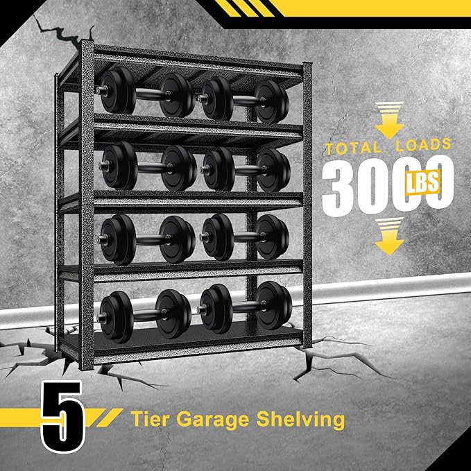 Metal Garage Shelving Heavy Duty,3000LBS Loads Garage Storage Shelves, 48”W 5-Tier Adjustable Storage Racks and Shelving Units for Garage Basement and Kitchen, 48”W x 24”D x 78”H,Silver