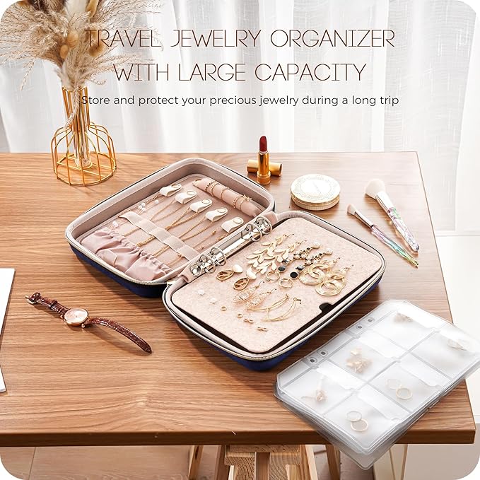 ProCase Extra Large Jewelry Organizer Case, Jewellery Home Storage Book Ring Binder with Clear Pockets for Presentation, Zippered Pouch Bag for Earrings Necklaces Bracelets -Navy