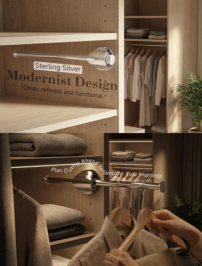 INMAKER Valet Rod for Closet Slide out, Pull out to 9.5" Hanger Rod for ≥12" Deep Closet, Sterling Silver, 2 Pack