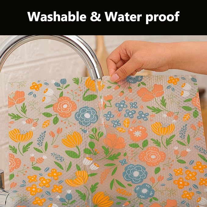 INNOLITES Shelf Liner for Kitchen Cabinets, Non-Adhesive Drawer Liner, Waterproof Washable EVA Floral Pattern, Protect Dresser Cupboard Refrigerator Shelves (Blue Orange Pink, 17.5" x 78.7")