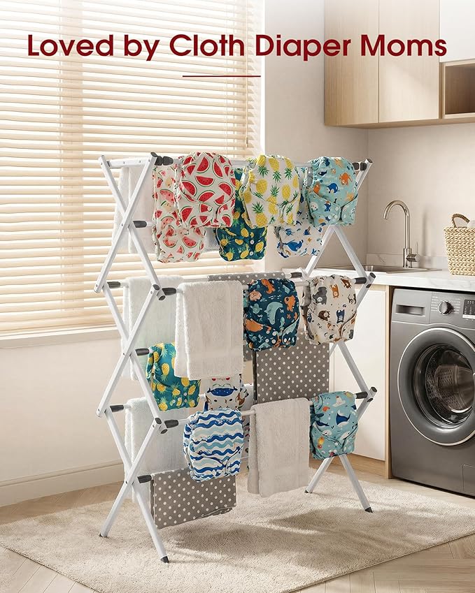 Sakugi Foldable Clothes Drying Rack – Metal Laundry Drying Rack with Non-Slip Feet, 3-Tier Space-Saving Clothing Rack for Organization, Indoor & Outdoor Use, 11.4"D x 29.1"W x 37.4"H, White and Black