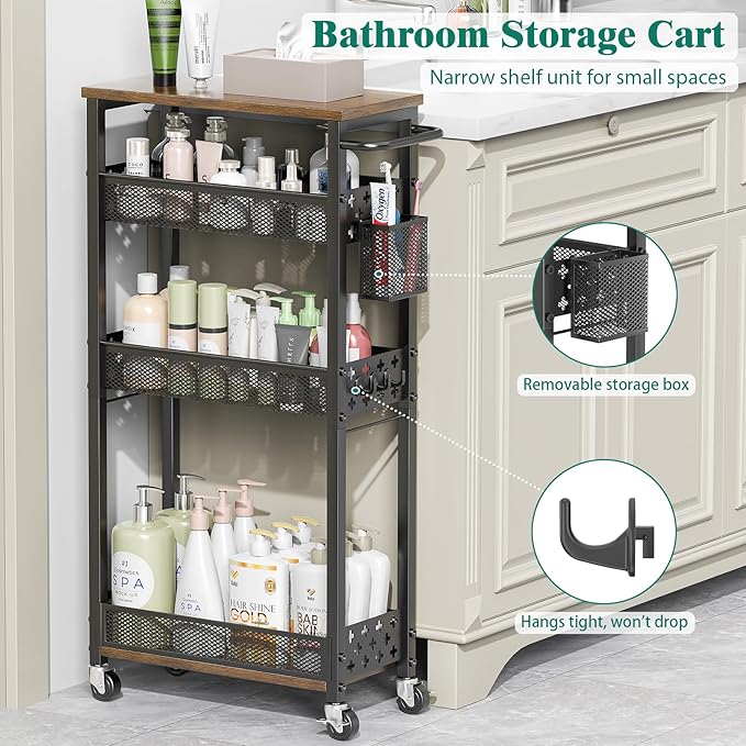 XYZLVSI Slim Storage Cart 4 Tier Laundry Cart with Wheels, Narrow Metal Kitchen Rolling Carts Bathroom Organizers Storage Shelf with Wood Rack and Handle for Small Space