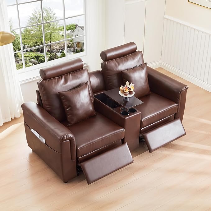 LEVNARY 2-Seater Modular Reclining Sofa with Center Console, Upholstered Faux Leather Power Recliner Loveseat with Cup Holders, USB Charging, Side Pockets & 2 Pillows, Living Room Furniture (Brown)