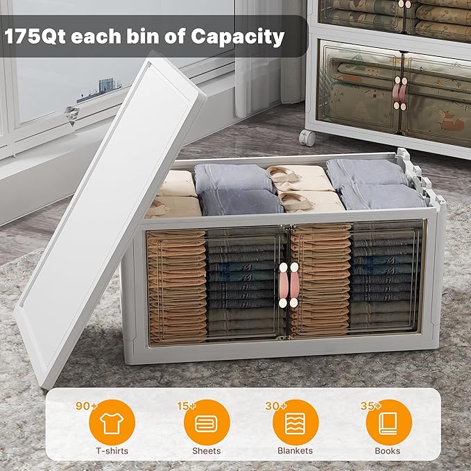 UAMFURI Stackable Storage Bins with Lids, 1400QT Closet Organizers and Storage with Doors and Wheels, Extra Large Storage Cabinet, Collapsible Plastic Drawers for Bedroom Dorm Office Garage
