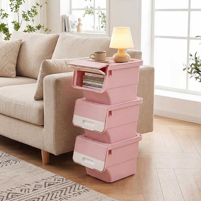 Giantex Plastic Stackable Storage Bins with Lids & Wheels, 6 Pack Open Front Stacking Bins, Organizer Bins for Pantry, Kitchen, Laundry, Closet, Playroom, Bedroom Organization (12.5 QT)