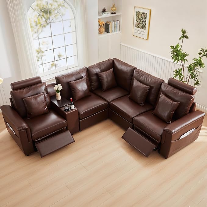 LEVNARY 5-Seat L Shaped Modular Sectional Sofa with Power Recliners, Upholstered Faux Leather Couch Storage Console with Charging Ports & Cup Holders, Living Room Couch Set for Home Office (Brown)