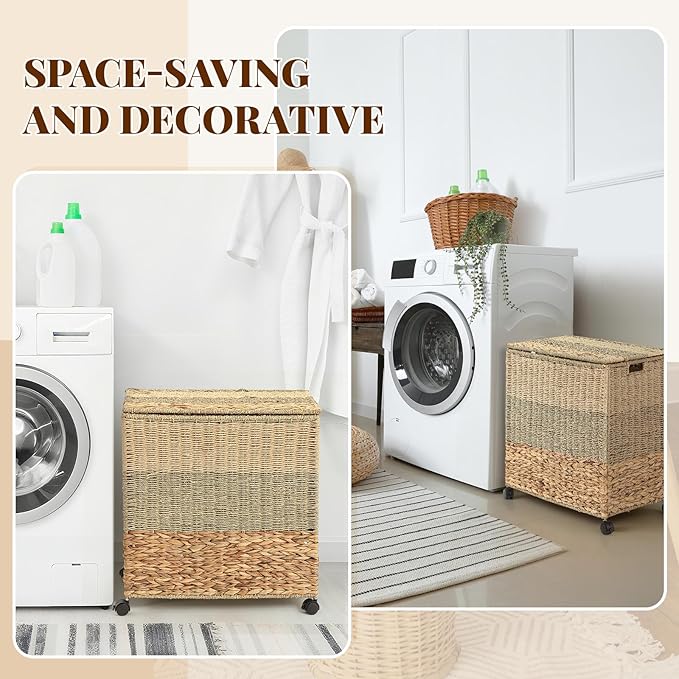 Cinnvoice 120 L Rolling Wicker Laundry Basket with Wheels Laundry Hamper with Lid Decorative Woven Hamper with Washable Removable Liner Bags and Handles for Clothes Natural Water Hyacinth, 2 Sections