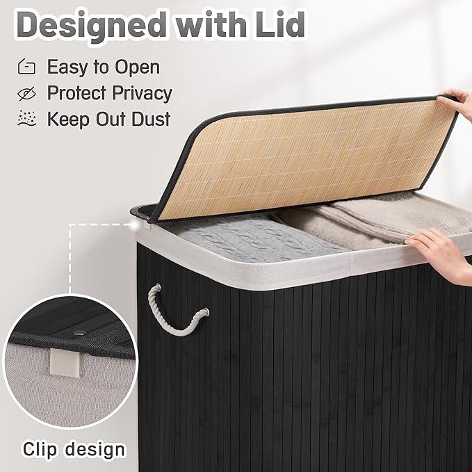 Aliphon 100L Laundry Hamper with lid, 2-Section Clothes Laundry Basket with Handles, Large Collapsible Bamboo Baskets for Bedroom, Bathroom, Dorm, Ink Black