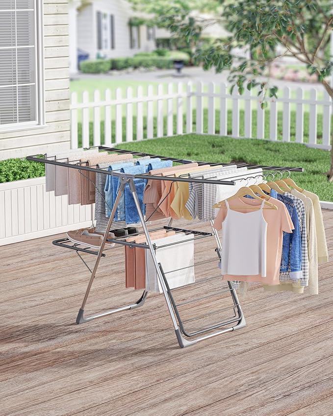 Sakugi Clothes Drying Rack, Foldable 2-Level Laundry Drying Rack with Height-Adjustable Wings, for Clothing & Bedding, Free-Standing Space-Saving Rack, Indoor & Outdoor, 55.5" L × 22.8" W, Gray