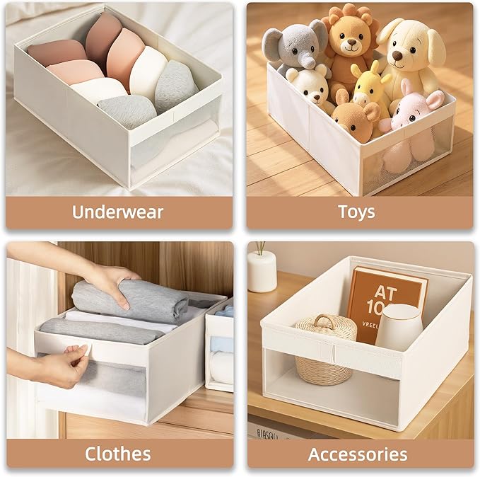 STORAGE MANIAC 4 Pack Storage Bins with Clear Window, Storage Boxes for Shelves, Sturdy Foldable Closet Organization Fabric Shelf Basket for Toy, Towel, Book, Jeans, Offices, Dorm, Wardrobe, Beige