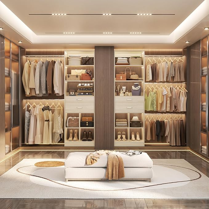 Besiost Closet System, 4-8 FT Closet Organizer Systems with 2 Wooden Drawers and 5 Hanging Rods, Can Fit 60 to 96 inch Walk-in Closet System, Greige Oak