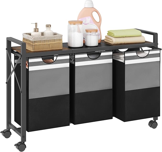 FAVOOSTY Laundry Sorter with Shelf,Laundry Basket Organizer,Laundry Hamper with Shelf, 3 ×11 Gal(50L)3 Section Laundry Sorter with Pull-Out Removable Oxford Fabric Bags and Movable Wheels Grey Black