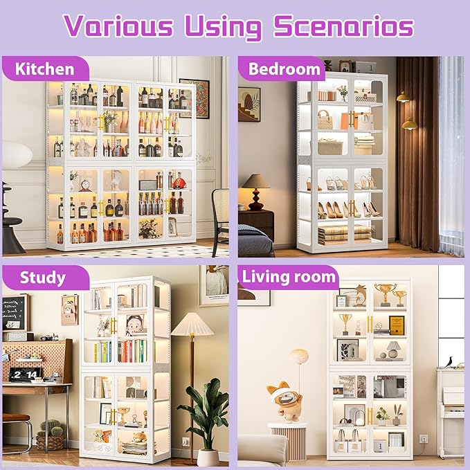 PAOFIN 67" Display Cabinet with Glass Doors, 4-Tier Curio Cabinet with Many Color Lights for Collectibles, Glass Display Case, Bookcase with 4 Shelves, Storage Cabinets, White