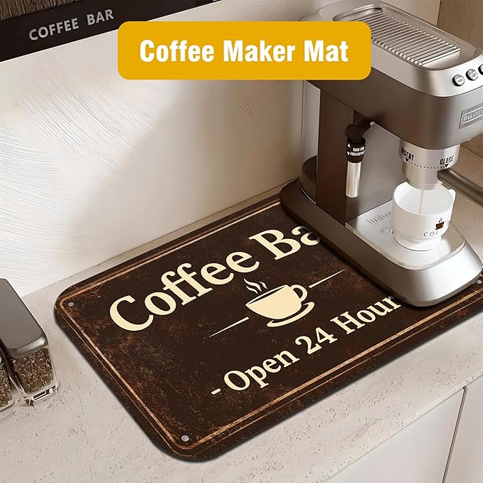 Vintage Coffee Bar Coffee Drying Mat 12" x 19", Absorbent Quick-Dry Mat, Non-Slip Waterproof Countertop Protector for Coffee Station and Espresso Machine