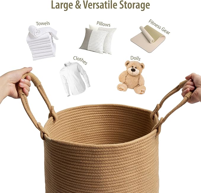 Laundry Basket – Laundry Hamper for Clothes, Blankets, Yoga Mat – Woven Cotton Rope Basket for Living Room, Nursery Room – Boho Style – 15”D x 18”H – Khaki
