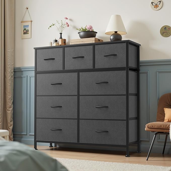 DUMOS Dresser for Bedroom, Dressers & Chests of Drawers Dresser Organizer, Wood Top Table Furniture with 9 Fabric Storage Tower Unit, Chest of Drawers for Closet, Living Room, Hallway, Porch