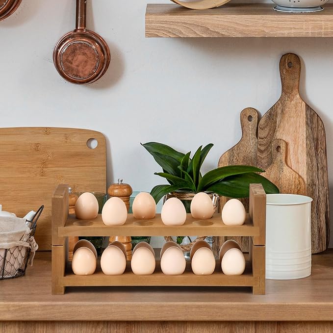 Sishynio Double Layer Egg Tray Holder Countertop - Wooden Fresh Egg Rack Stackable Storage Basket, 2 Tier Egg Organizer for Farmhouse Kitchen Refrigerator