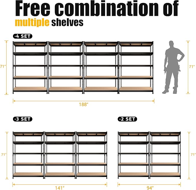 PrimeZone 10 Pack Heavy Duty Storage Shelves - 47"W x 18"D x 71"H 5 Tier Adjustable Garage Storage Shelving, Metal Utility Rack Organizer Shelf Unit for Warehouse Pantry Closet Kitchen Basement, Black
