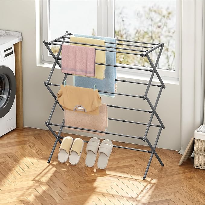 KINGBOARD Clothes Drying Rack, Collapsible Drying Rack Clothing with 11 Poles, 3-Tier Laundry Drying Rack, Small Clothes Drying Rack Foldable for Baby Clothes Sock Towel, 25lb Capacity, Grey
