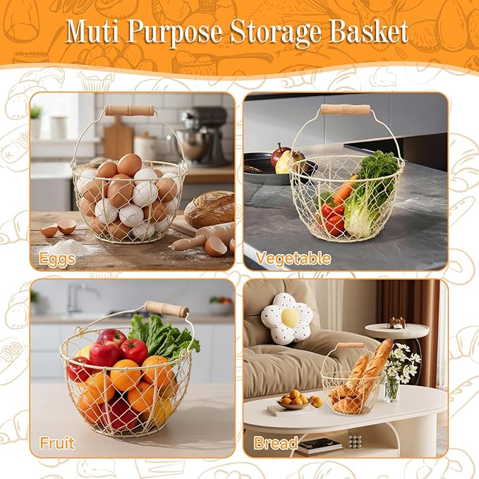 Egg Basket With Handle,Wire Egg Basket for Gathering Fresh Eggs, Round Egg Collecting Basket for Farm,Vintage Style Chicken and Duck Eggs Basket Egg Countertop Storage Container Holder (White)