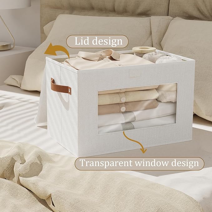 Foldable Storage Baskets with Lids, 10.2 x 7.8 x 6.7 Inch Closet Organizers for Sock Hat Blanket, Fabric Storage Boxes with Handles, White, 3-Pack