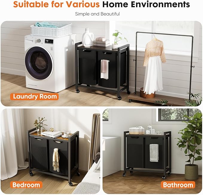 DUMOS Laundry Sorter 2 Section, 2 × 13.1Gal (99L) Rolling Laundry Basket with Pull-Out Removable Bags & Movable Wheels,Clothes Separator Hamper Cart for Laundry Room, Bathroom and Bedroom Organizer