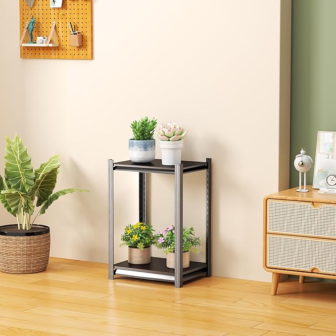 2 Tier Storage Shelves Small Shelves Metal Shelf Organizer Unit Adjustable Steel Shelving for Shop, Warehouse, Basement, Kitchen, Bedroom, Garage, Black, 16" W X 12" L X 22" H
