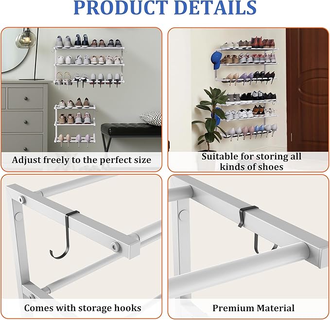 2 Pack Wall Mounted Shoe Rack, 3 Tier Hanging Shoe Rack Holds 24 Pairs, 17"-30"Adjustable Heavy Duty Metal Shoe Organizer Holder with 4 Storage Hooks, Space Saving for Closet Entryway Doorway(White)