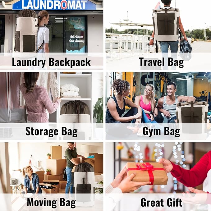 Laundry Backpack Bag 125L Extra Large, Heavy Duty for College Dorm & Apartment, Durable Thick Material Laundry Hamper with Padded Straps for Easy Carry, 3 Pockets for Travel & Laundromat (Khaki)