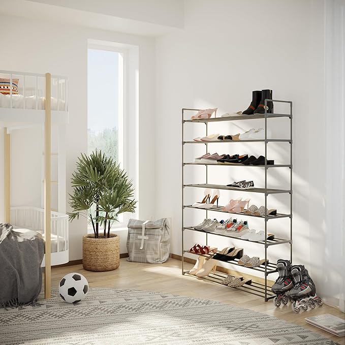 Home-Complete Shoe Rack - 8-Tier Shoe Organizer for Closet, Bathroom, Entryway - Shelf Holds 40 Pairs Sneakers, Heels, Boots (Gray)