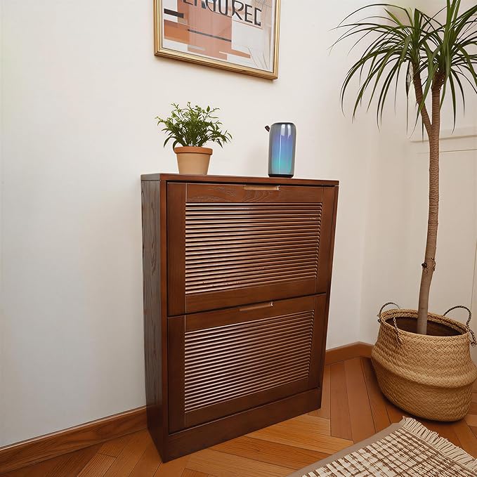 Solid Shoe Storage Cabinet with 2 Flip Drawers, Narrow Wood Shoe Organizer Cabinet with Fluted Panel, Slim Shoe Rack for Entryway, Freestanding Shoe Cabinet for Entryway Hallway Foyer,Walnut
