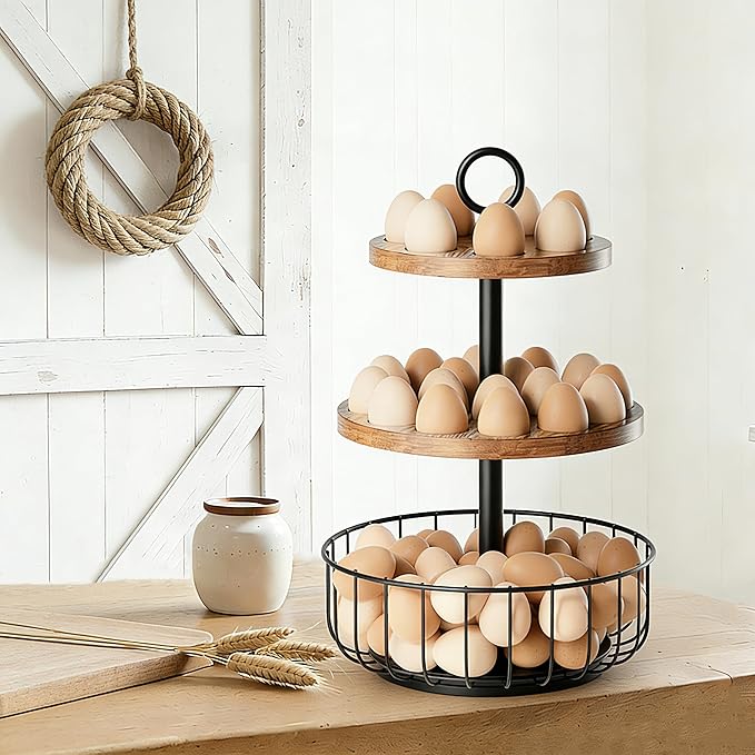 3-Tier 360° Rotating Egg Holder with 24+40 Egg Capacity - Rustic Farmhouse Kitchen Counter Organizer, Tiered Egg Storage Rack with Ventilated Wooden Trays & Metal Basket for Easter Eggs, Fresh Eggs
