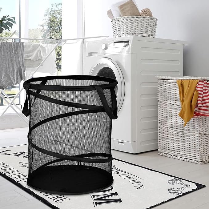 BATTOO Mesh Collapsible Laundry Baskets, Foldable Pop Up Laundry Hamper, Large Laundry Basket Hamper for Laundry, Bathroom, Kids Room, College Dorm, Travel, Camping Black