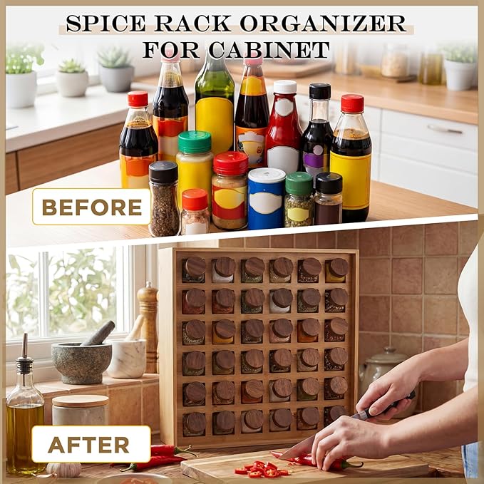 Novabright 36 Grids Bamboo Spice Rack Organizer, Wooden Spice Rack Wall Mount with Square Compartments, Wood Hanging Shelf for 4 oz Glass Jar Drawer Cabinet Kitchen Countertop Wall